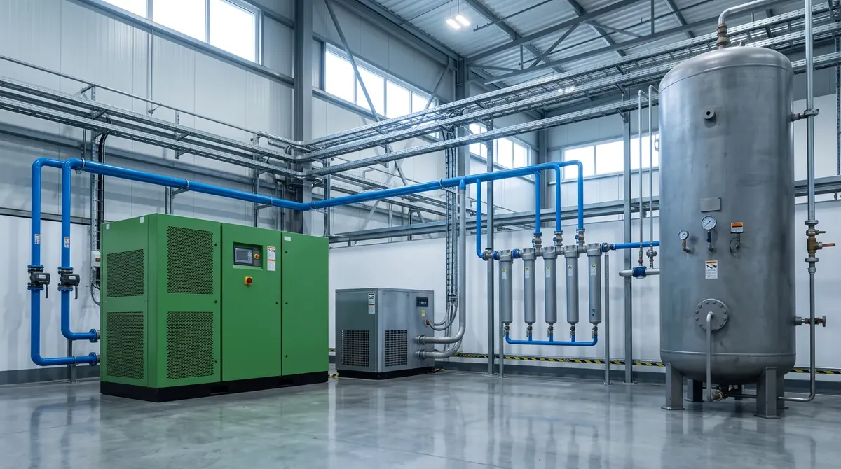 A factory plant room with a compressor, an air dryer and filters