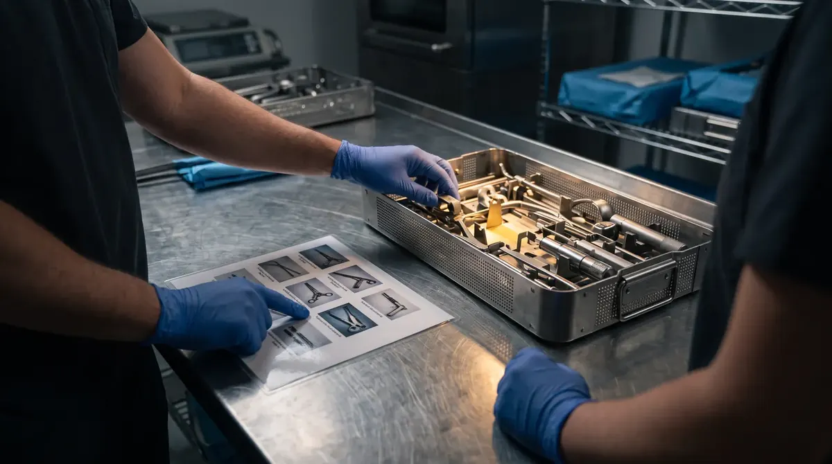 Gloved hands counting instruments in a tray against a sheet