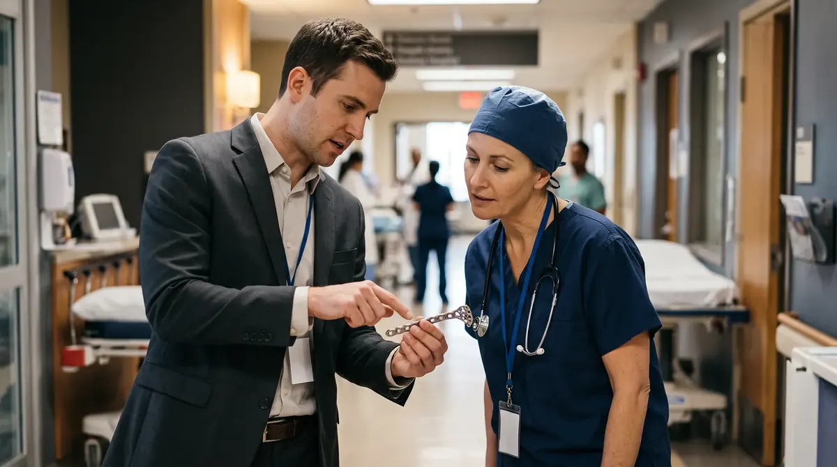 A sales rep showing an implant to a nurse in a hospital corridor