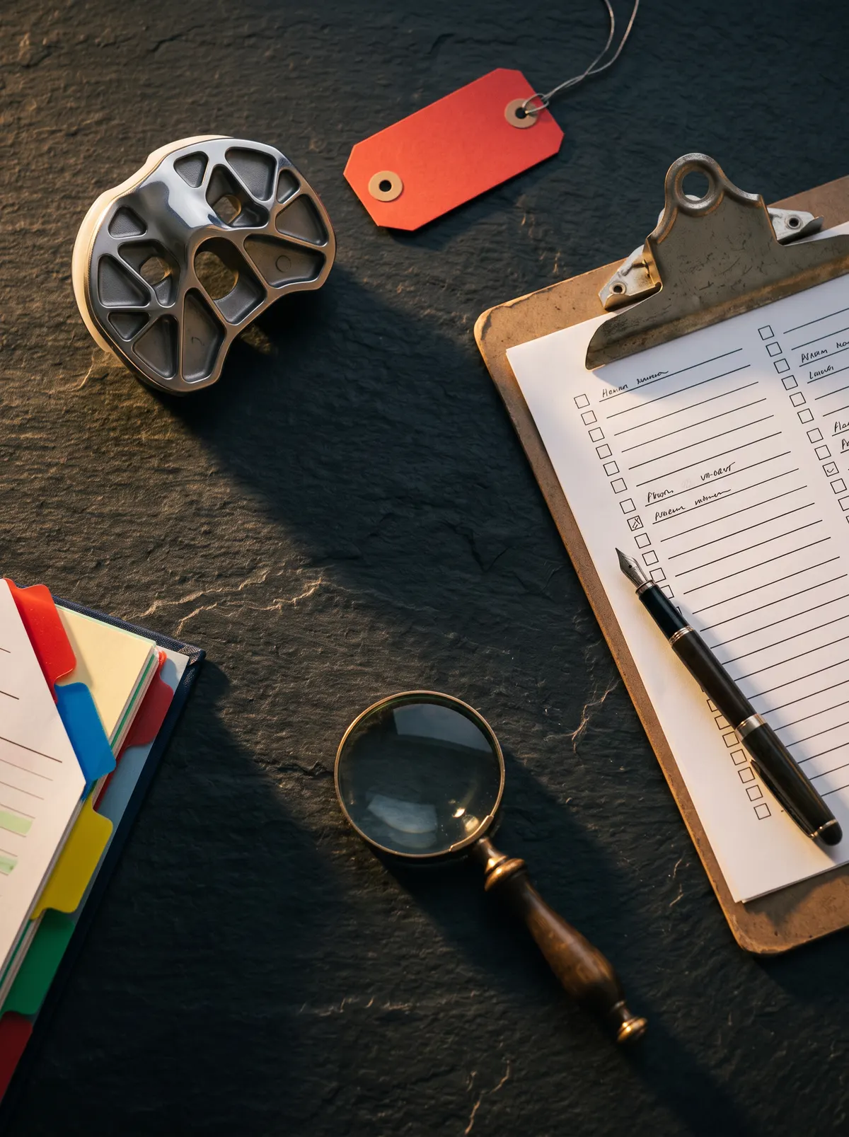 A clipboard of records, a magnifier and a returned implant on a desk
