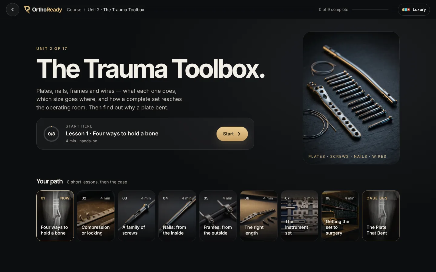 The course on a laptop: Unit 2, The Trauma Toolbox, with its eight lessons and the case