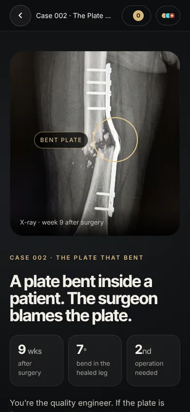 The same course on a phone: the case briefing with an X-ray of a bent plate
