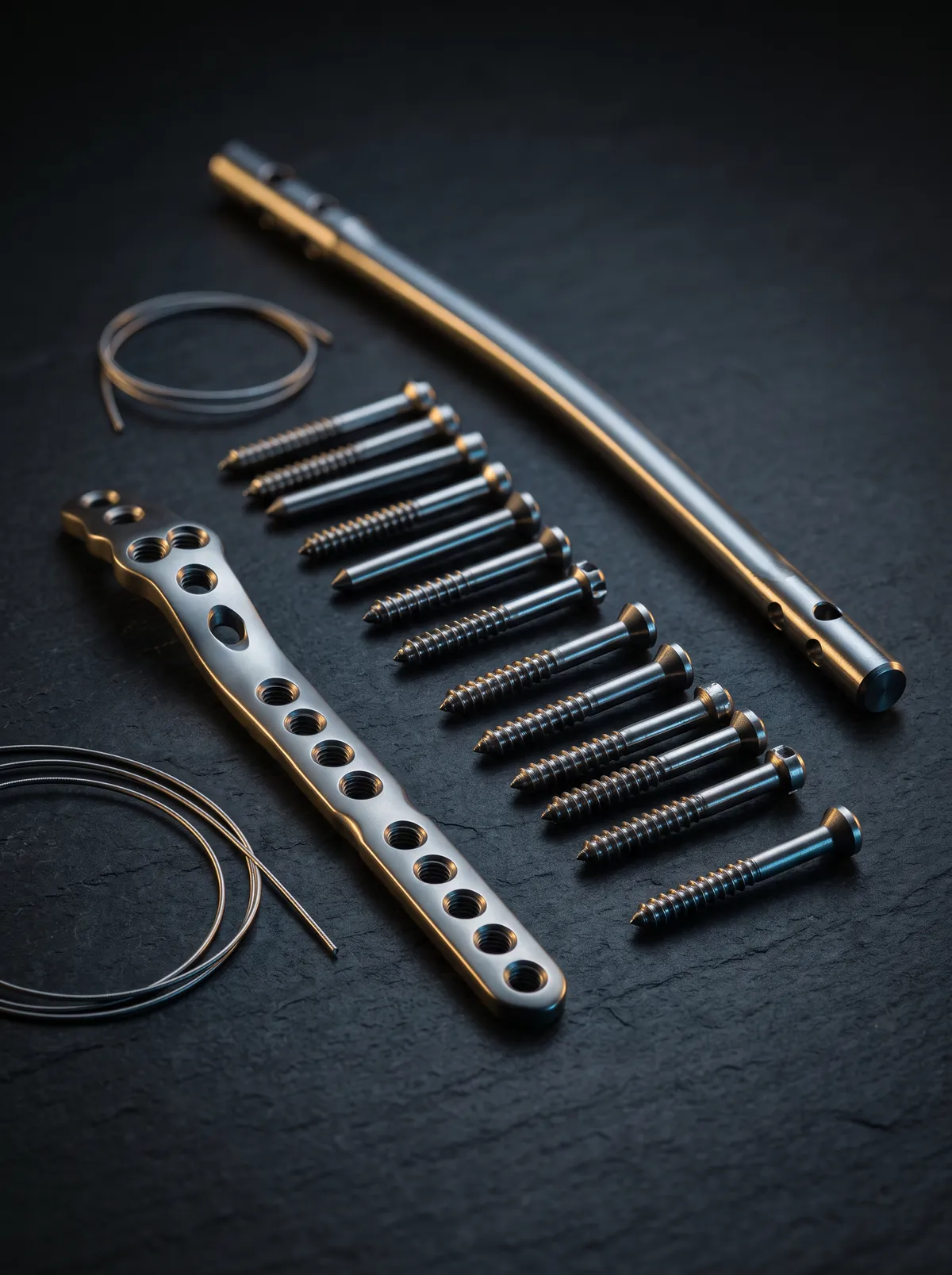 A bone plate, a row of screws, a nail and wires on dark slate