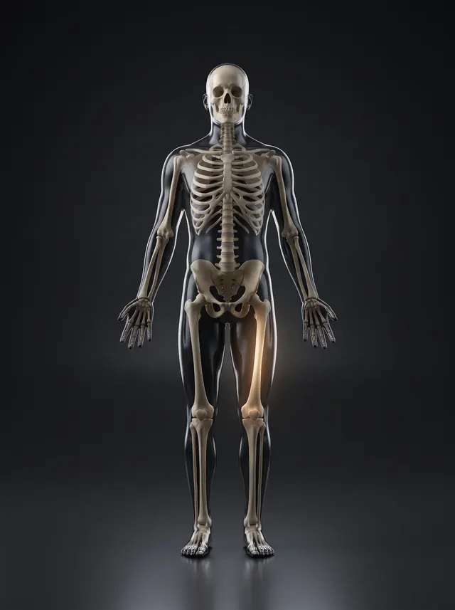A human figure with its skeleton visible and the thigh bone glowing gold