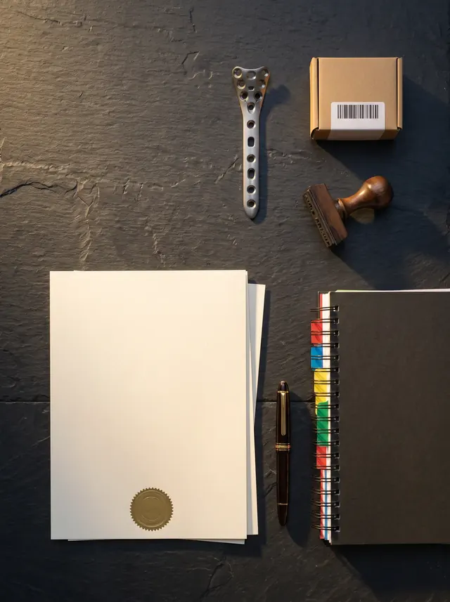 A sealed certificate, a labelled box and a submission dossier