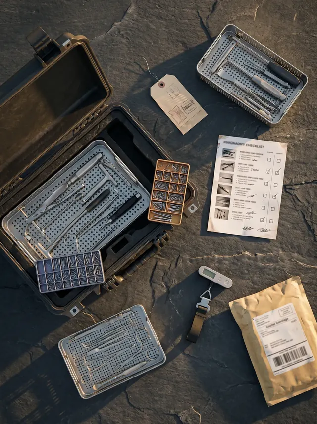 An open loaner case with instrument trays and a shipping tag