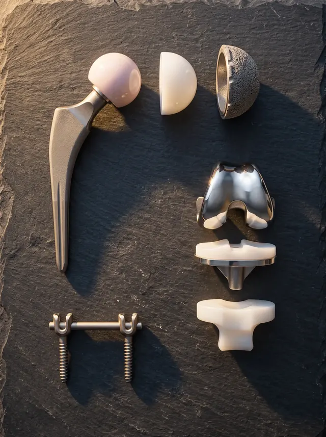 A total hip, a total knee and a spinal screw-and-rod construct