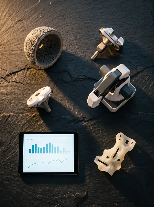 A printed cup, a sensor knee, a robot arm model and a tablet