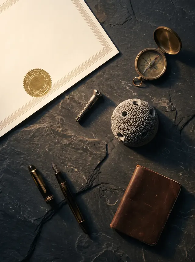 A sealed certificate, a screw, a compass and a pen