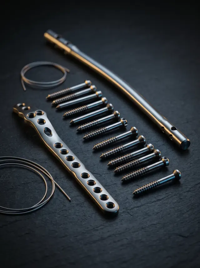 A bone plate, screws, a nail and wires on dark slate