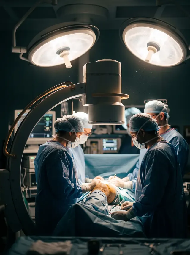 A surgical team around an operating table under bright lights