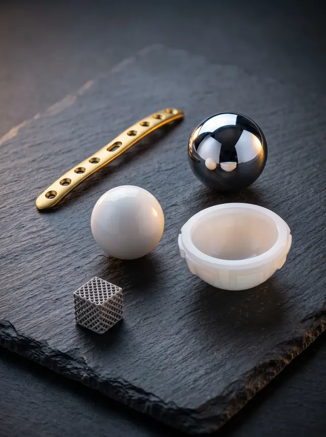 A titanium plate, metal and ceramic hip balls and a printed lattice