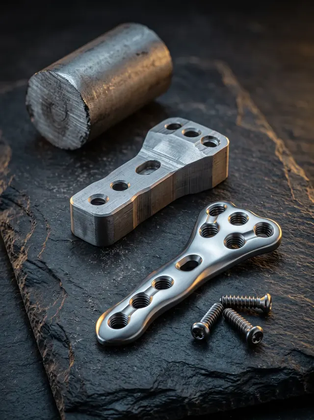 A titanium bar, a rough plate blank, a finished plate and screws