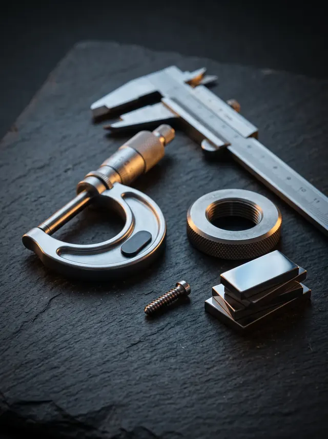 A micrometer, a calliper, a thread gauge and gauge blocks