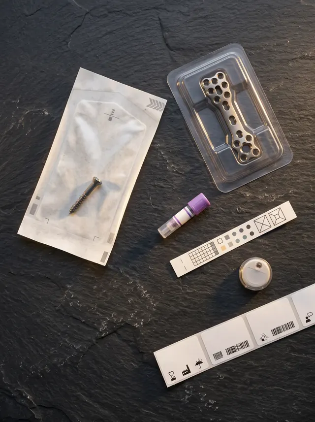A sterile pouch with a screw, a blister tray and sterilisation indicators