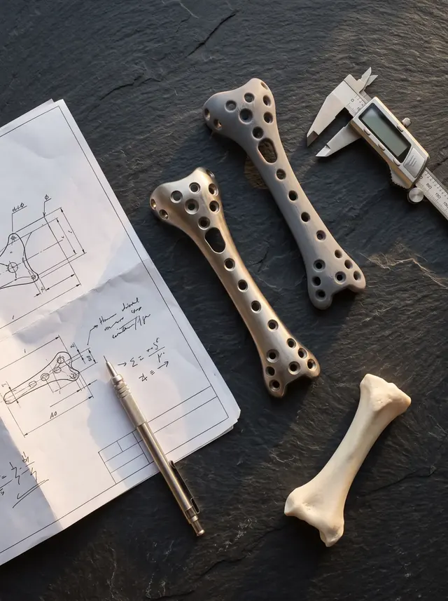 A plate prototype, an engineering drawing, a calliper and a bone model