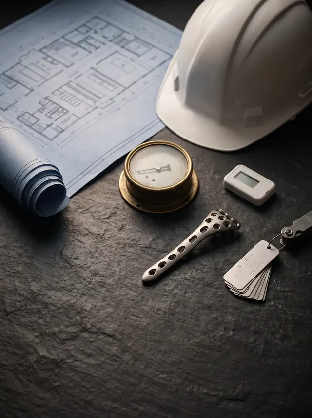 A factory floor plan, a hard hat, a pressure gauge and a data logger